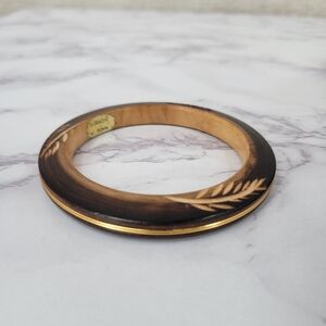Wood Bangle Bracelet with Leaf Carving and Gold Toned Wire Wrapped Band